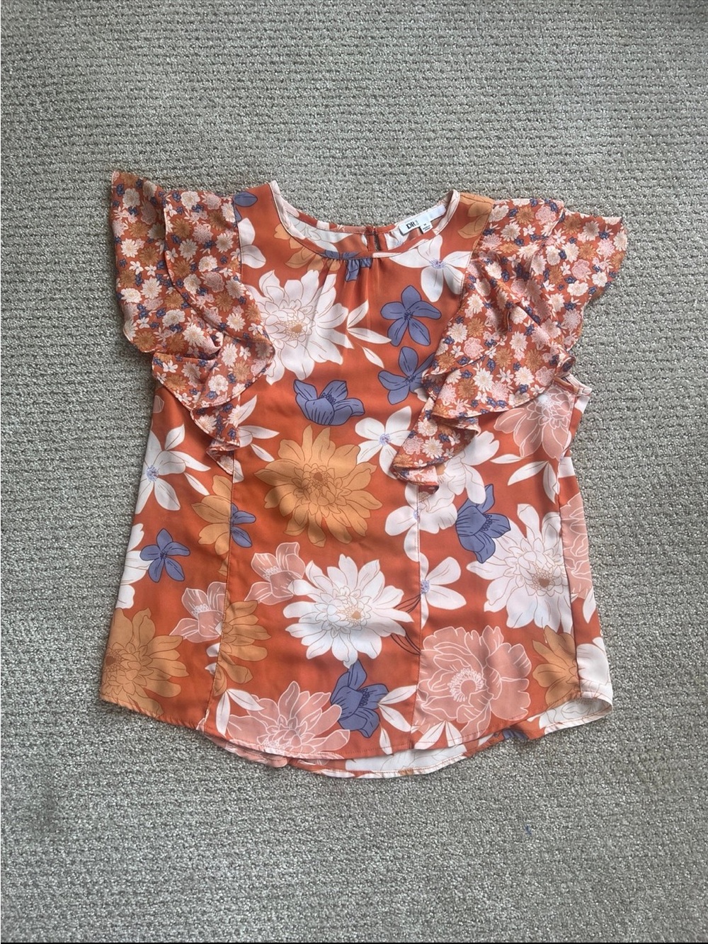 DR2 Floral Flutter Sleeve Top - Rust Orange, Cream, Blue